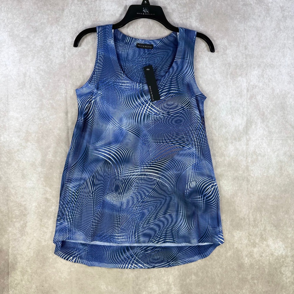 Nally & Millie Tank Top Women Small Blue‎ Abstract Swirl Print High Low Artistic